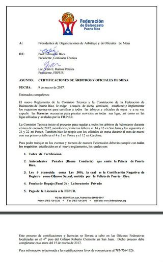 Memorando de la Federación de Baloncesto de Puerto Rico